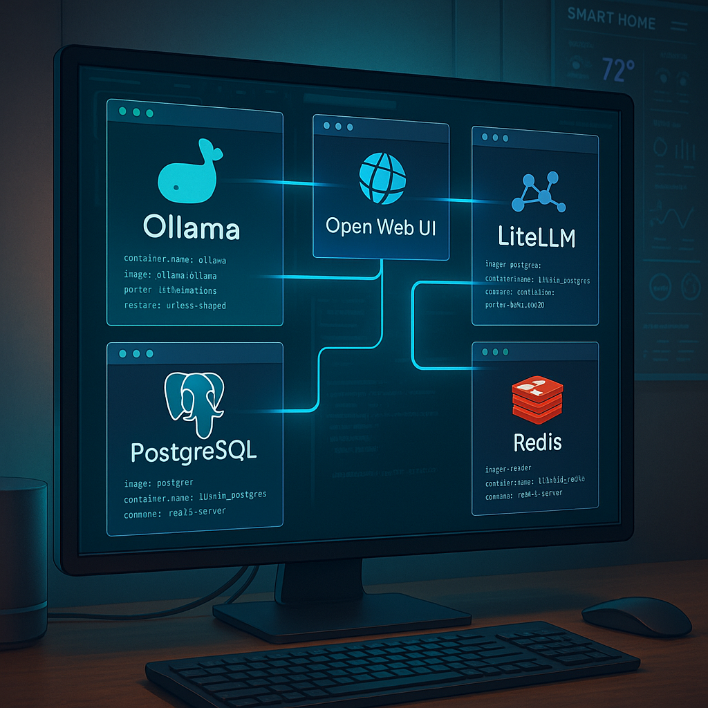 Local AI stack using Docker: Ollama, Open Web UI, and LiteLLM containers with PostgreSQL and Redis
